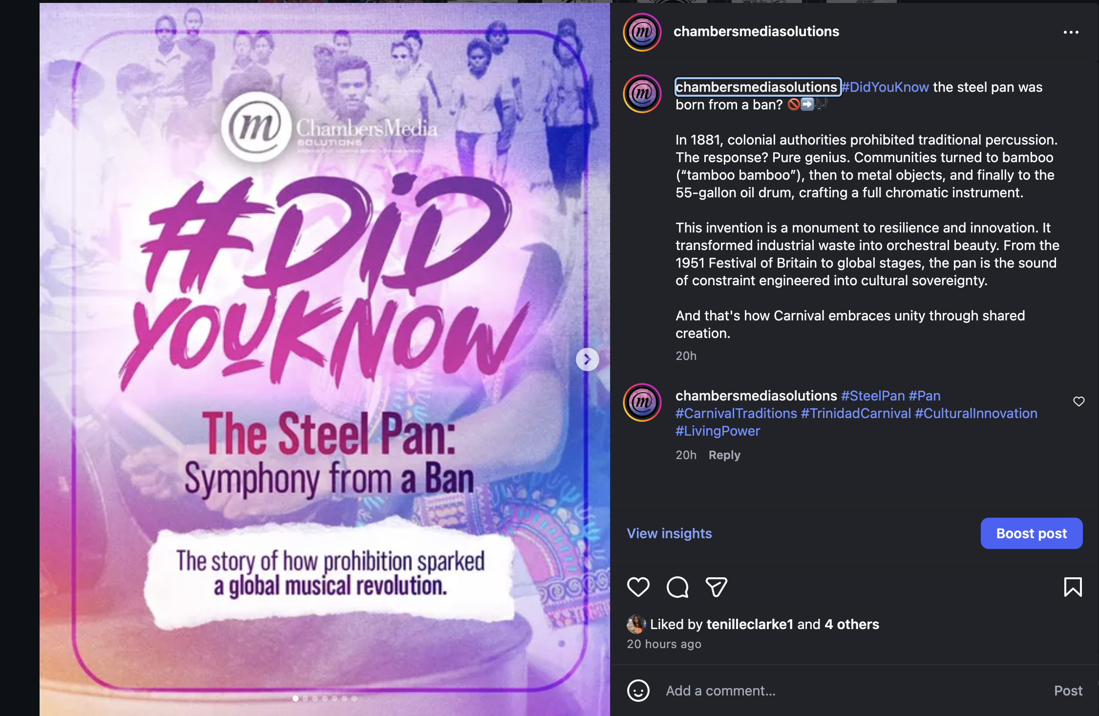 Screenshot 2026-02-04 at 8.51.33 AM #DidYouKnow the steel pan was born from a ban? 🚫➡️🎶 In 1881, colonial authorities prohibited traditional percussion. The response? Pure genius. Communities turned to bamboo (“tamboo bamboo”), then to metal objects, and finally to the 55-gallon oil drum, crafting a full chromatic instrument. This invention is a monument to resilience and innovation. It transformed industrial waste into orchestral beauty. From the 1951 Festival of Britain to global stages, the pan is the sound of constraint engineered into cultural sovereignty. And that's how Carnival embraces unity through shared creation. #SteelPan #Pan #CarnivalTraditions #TrinidadCarnival #CulturalInnovation #LivingPower