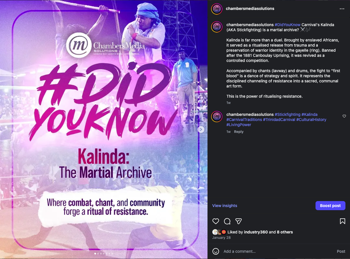 Screenshot 2026-02-05 at 9.58.28 AM #DidYouKnow Carnival's Kalinda (AKA Stickfighting) is a martial archive? ⚔️🎶 Kalinda is far more than a duel. Brought by enslaved Africans, it served as a ritualised release from trauma and a preservation of warrior identity in the gayelle (ring). Banned after the 1881 Canboulay Uprising, it was revived as a controlled competition. Accompanied by chants (lavway) and drums, the fight to "first blood" is a dance of strategy and spirit. It represents the disciplined channeling of resistance into a sacred, communal art form. This is the power of ritualising resistance. #Stickfighting #Kalinda #CarnivalTraditions #TrinidadCarnival #CulturalHistory #LivingPower