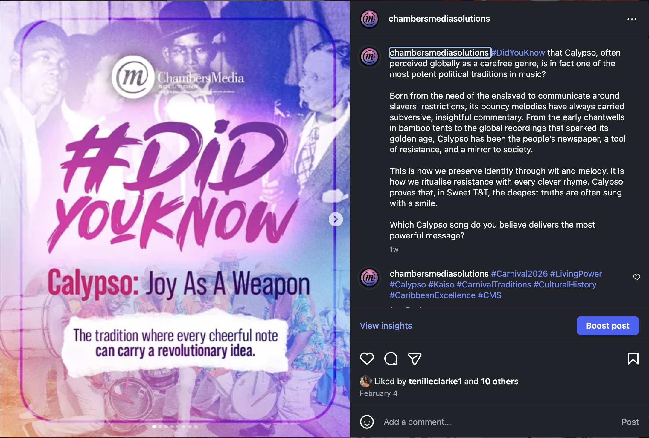 Screenshot 2026-02-13 at 8.28.34 AM #DidYouKnow that Calypso, often perceived globally as a carefree genre, is in fact one of the most potent political traditions in music? Born from the need of the enslaved to communicate around slavers' restrictions, its bouncy melodies have always carried subversive, insightful commentary. From the early chantwells in bamboo tents to the global recordings that sparked its golden age, Calypso has been the people’s newspaper, a tool of resistance, and a mirror to society. This is how we preserve identity through wit and melody. It is how we ritualise resistance with every clever rhyme. Calypso proves that, in Sweet T&T, the deepest truths are often sung with a smile. Which Calypso song do you believe delivers the most powerful message? #Carnival2026 #LivingPower #Calypso #Kaiso #CarnivalTraditions #CulturalHistory #CaribbeanExcellence #CMS