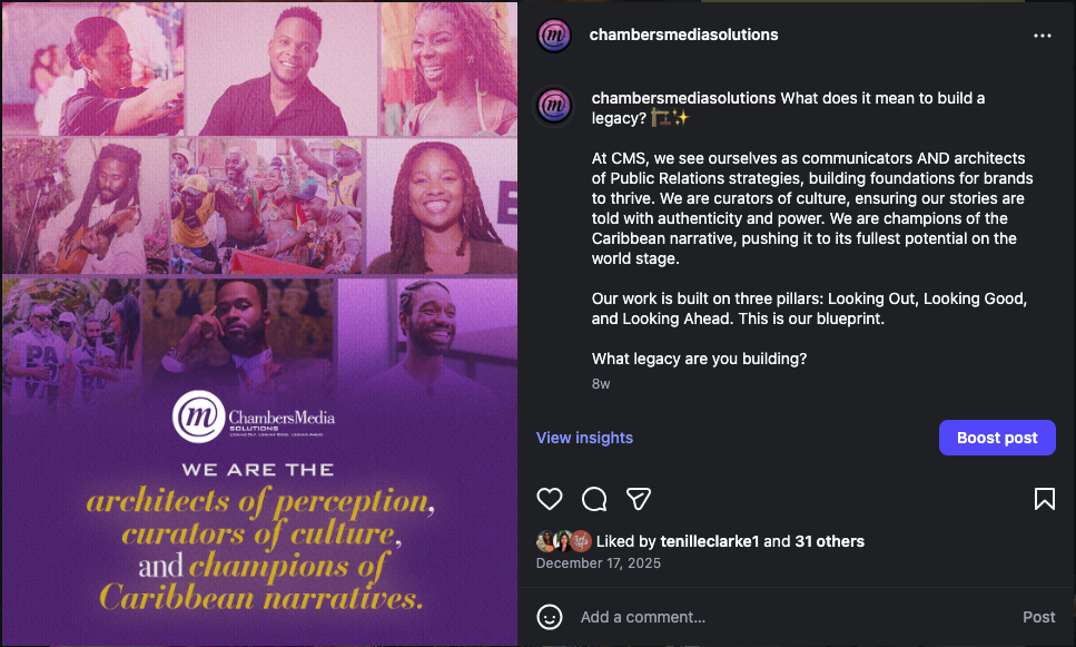 Screenshot 2026-02-16 at 10.05.39 AM What does it mean to build a legacy? 🏗️✨ At CMS, we see ourselves as communicators AND architects of Public Relations strategies, building foundations for brands to thrive. We are curators of culture, ensuring our stories are told with authenticity and power. We are champions of the Caribbean narrative, pushing it to its fullest potential on the world stage. Our work is built on three pillars: Looking Out, Looking Good, and Looking Ahead. This is our blueprint. What legacy are you building?