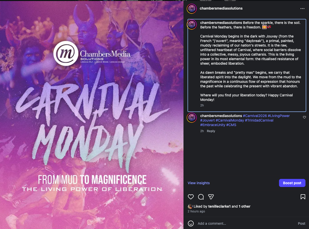 Screenshot 2026-02-16 at 10.21.46 AM Before the sparkle, there is the soil. Before the feathers, there is freedom. 🌅🇹🇹 Carnival Monday begins in the dark with Jouvay (from the French "j'ouvert", meaning "daybreak"), a primal, painted, muddy reclaiming of our nation's streets. It is the raw, unfiltered heartbeat of Carnival, where social barriers dissolve into a collective, messy, joyous catharsis. This is the living power in its most elemental form: the ritualised resistance of sheer, embodied liberation. As dawn breaks and "pretty mas" begins, we carry that liberated spirit into the daylight. We move from the mud to the magnificence in a continuous flow of expression that honours the past while celebrating the present with vibrant abandon. Where will you find your liberation today? Happy Carnival Monday!