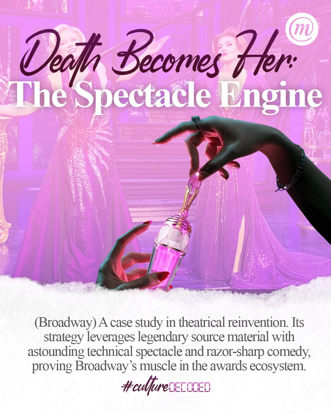 WhatsApp Image 2026-01-08 at 10.04.19 (1) Death Becomes Her: The Spectacle Engine (Broadway) A case study in theatrical reinvention. Its strategy leverages legendary source material with astounding technical spectacle and razor-sharp comedy, proving Broadway's muscle in the awards ecosystem. #CultureDecoded
