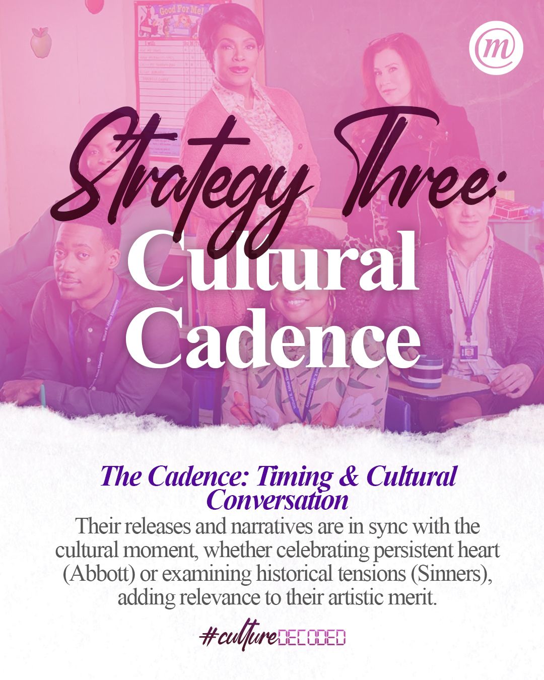 WhatsApp Image 2026-01-08 at 10.04.21 (1) Strategy Three: Cultural Cadence The Cadence: Timing & Cultural Conversation Their releases and narratives are in sync with the cultural moment, whether celebrating persistent heart (Abbott) or examining historical tensions (Sinners), adding relevance to their artistic merit. #CultureDecoded