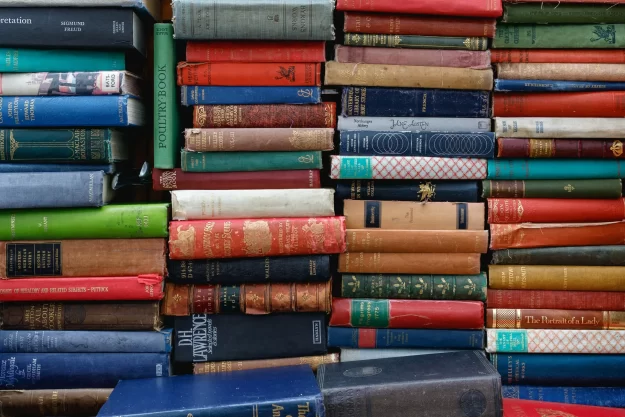 A photo of many books stacked vertically. (Photo by Ed Robertson on Unsplash.)