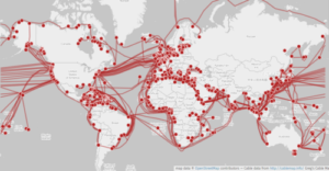 World map showing submarine cables in 2015