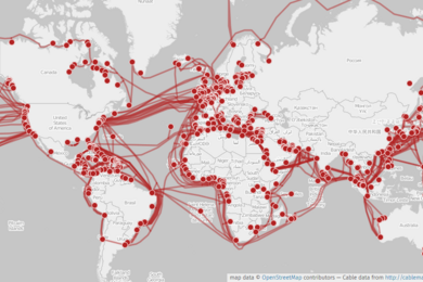 World map showing submarine cables in 2015