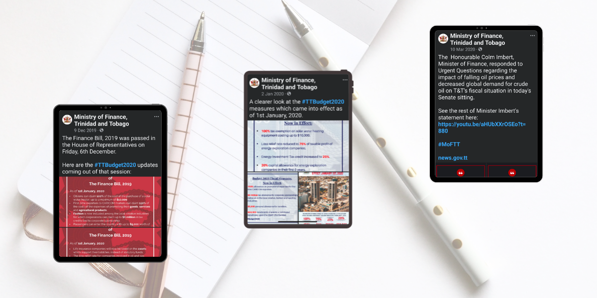 Three tablets featuring Ministry of Finance posts from my time in the Corporate Communications Unit